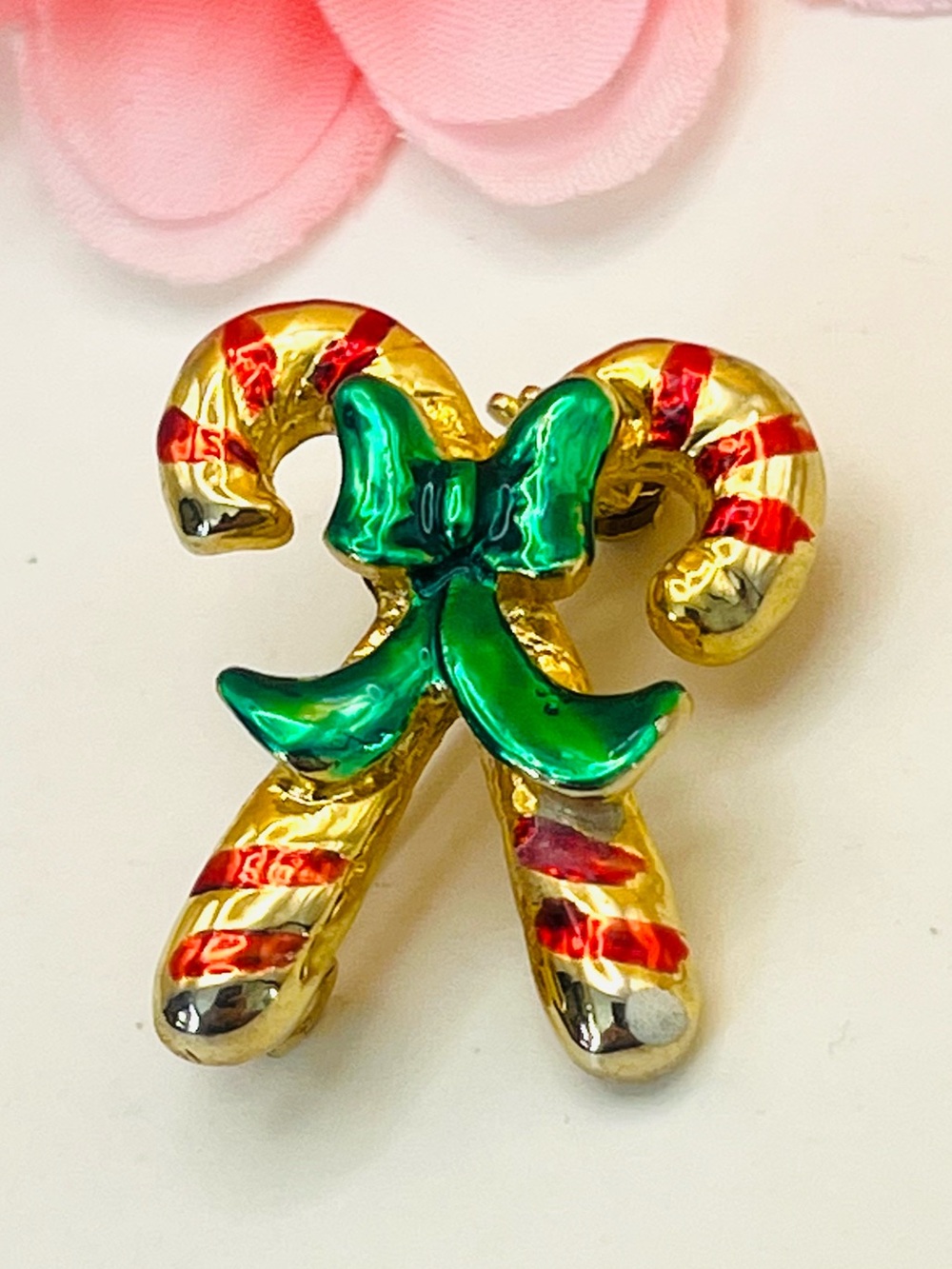 Festive Green Bow Candy Cane Brooch